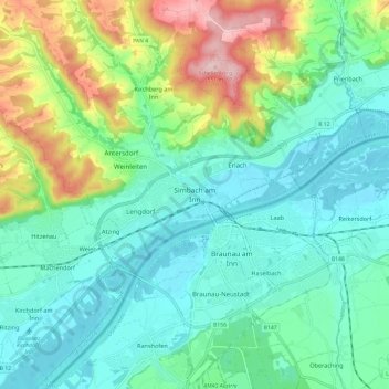 Topografische kaart Simbach am Inn, hoogte, reliëf