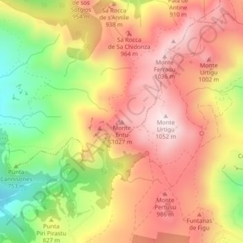 Topografische kaart Monte Entu, hoogte, reliëf