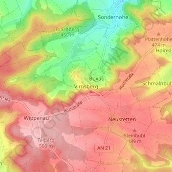 Topografische kaart Virnsberg, hoogte, reliëf
