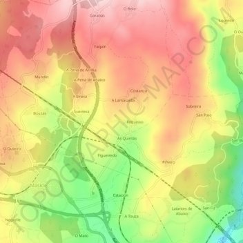 Topografische kaart Canedo, hoogte, reliëf