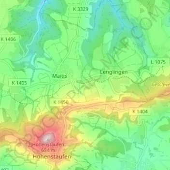 Topografische kaart Hirschhof, hoogte, reliëf