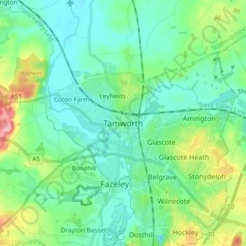 Topografische kaart Tamworth, hoogte, reliëf
