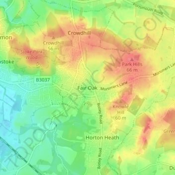 Topografische kaart Fair Oak, hoogte, reliëf