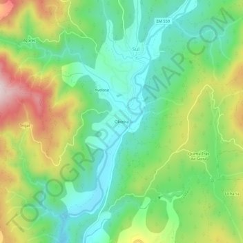 Topografische kaart Oliveira, hoogte, reliëf