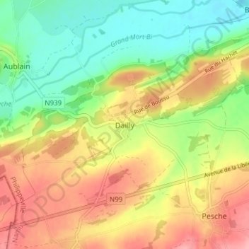 Topografische kaart Dailly, hoogte, reliëf