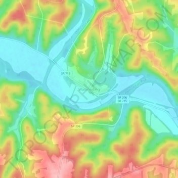 Topografische kaart Walhonding, hoogte, reliëf