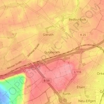 Topografische kaart Gubberath, hoogte, reliëf