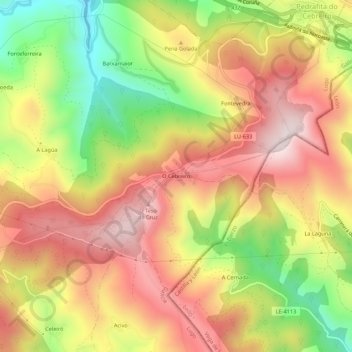Topografische kaart O Cebreiro, hoogte, reliëf
