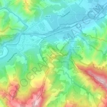 Topografische kaart Tossignano, hoogte, reliëf