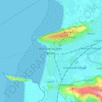 Topografische kaart Weston-super-Mare, hoogte, reliëf