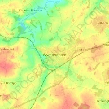 Topografische kaart Wymondham, hoogte, reliëf