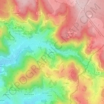 Topografische kaart Velay, hoogte, reliëf