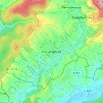 Topografische kaart Hüttengesäß, hoogte, reliëf