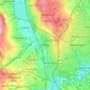 Topografische kaart Birtley, hoogte, reliëf