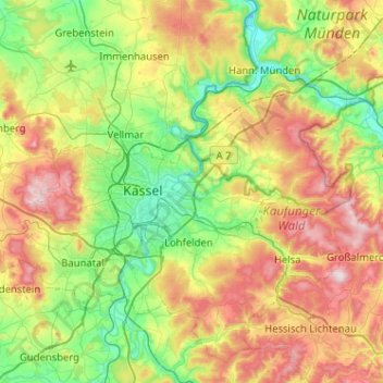 Topografische kaart Niestetal, hoogte, reliëf