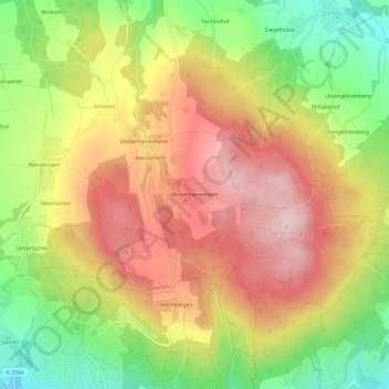 Topografische kaart Hinterharresheim, hoogte, reliëf