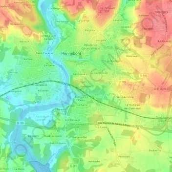 Topografische kaart Kerorben, hoogte, reliëf