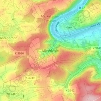 Topografische kaart Mörtelstein, hoogte, reliëf
