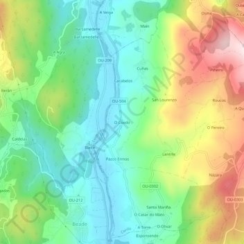 Topografische kaart O Coedo, hoogte, reliëf
