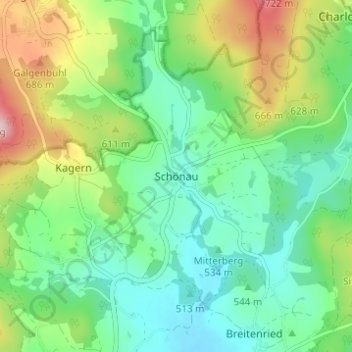 Topografische kaart Schönau, hoogte, reliëf