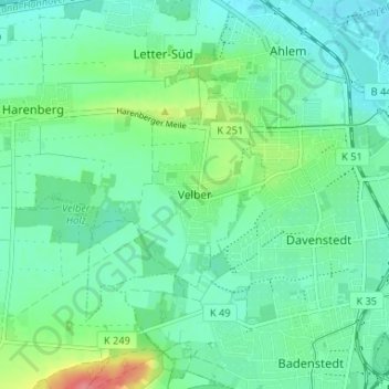 Topografische kaart Velber, hoogte, reliëf