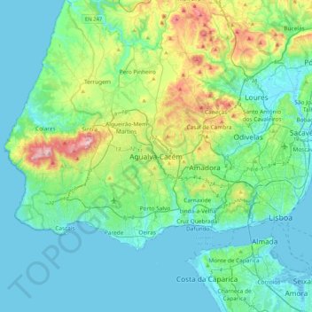 Topografische kaart Agualva-Cacém, hoogte, reliëf