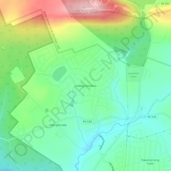 Topografische kaart Holiday Poconos, hoogte, reliëf
