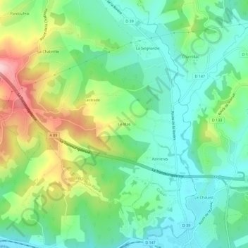 Topografische kaart Le Mas, hoogte, reliëf