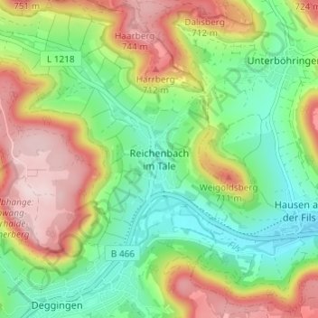 Topografische kaart Reichenbach im Täle, hoogte, reliëf