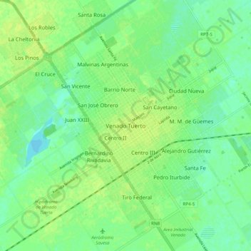 Topografische kaart Venado Tuerto, hoogte, reliëf