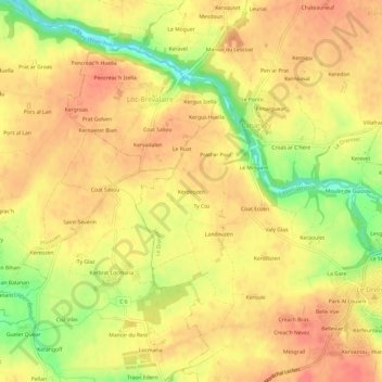 Topografische kaart Kerdeozen, hoogte, reliëf