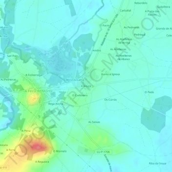 Topografische kaart A Bouza, hoogte, reliëf