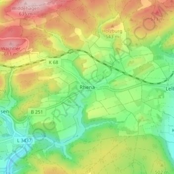 Topografische kaart Rhena, hoogte, reliëf