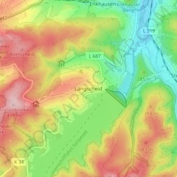 Topografische kaart Langscheid, hoogte, reliëf