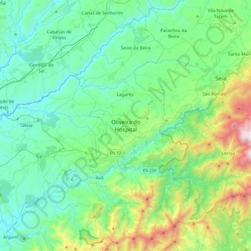 Topografische kaart Oliveira do Hospital, hoogte, reliëf