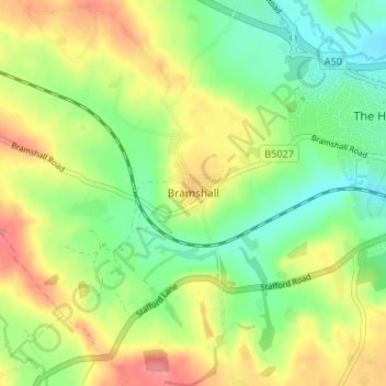 Topografische kaart Bramshall, hoogte, reliëf