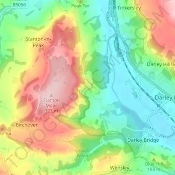 Topografische kaart Stanton Lees, hoogte, reliëf