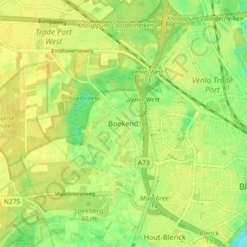 Topografische kaart Boekend, hoogte, reliëf