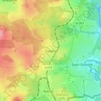 Topografische kaart Trojany, hoogte, reliëf