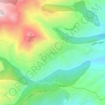 Topografische kaart Rapsani, hoogte, reliëf