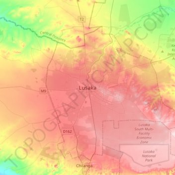 Topografische kaart Lusaka, hoogte, reliëf