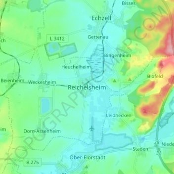Topografische kaart Reichelsheim, hoogte, reliëf