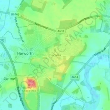 Topografische kaart Bircotes, hoogte, reliëf