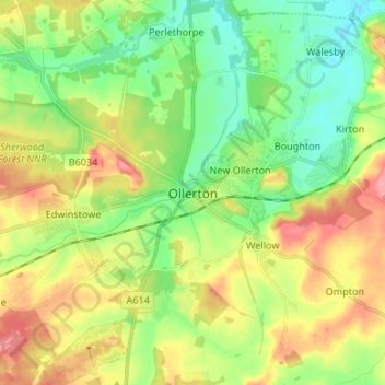 Topografische kaart Ollerton, hoogte, reliëf