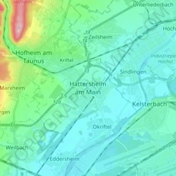 Topografische kaart Hattersheim, hoogte, reliëf