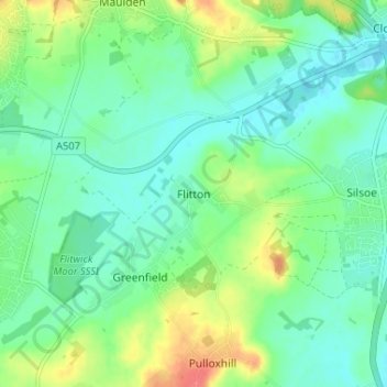 Topografische kaart Flitton, hoogte, reliëf