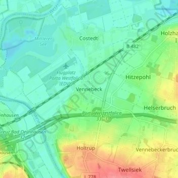 Topografische kaart Vennebeck, hoogte, reliëf