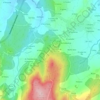 Topografische kaart Folgueira, hoogte, reliëf
