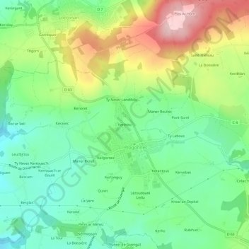Topografische kaart Kerinou, hoogte, reliëf