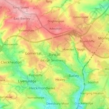 Topografische kaart Birstall, hoogte, reliëf